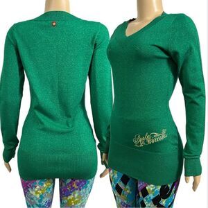 NEW APPLE BOTTOMS Embellished Sparkly long sleeve V-neck Sweater green Large
